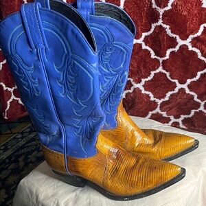 Women’s Tony Lama Blue and Tan Cowboy Boots with Textured Leather
